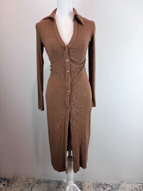 Lucca Brown Ribbed Long Sleeve Button-Down Midi Dress With Collared Neckline S